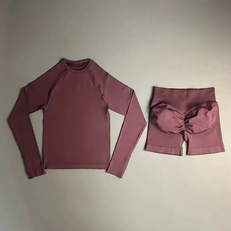 2 Piece Fitness Outfit Women Raglan Long Sleeve Crew Neck Top Hip Shaping Scrunch Shorts Stretch Soft Dance Gym Workout Set
