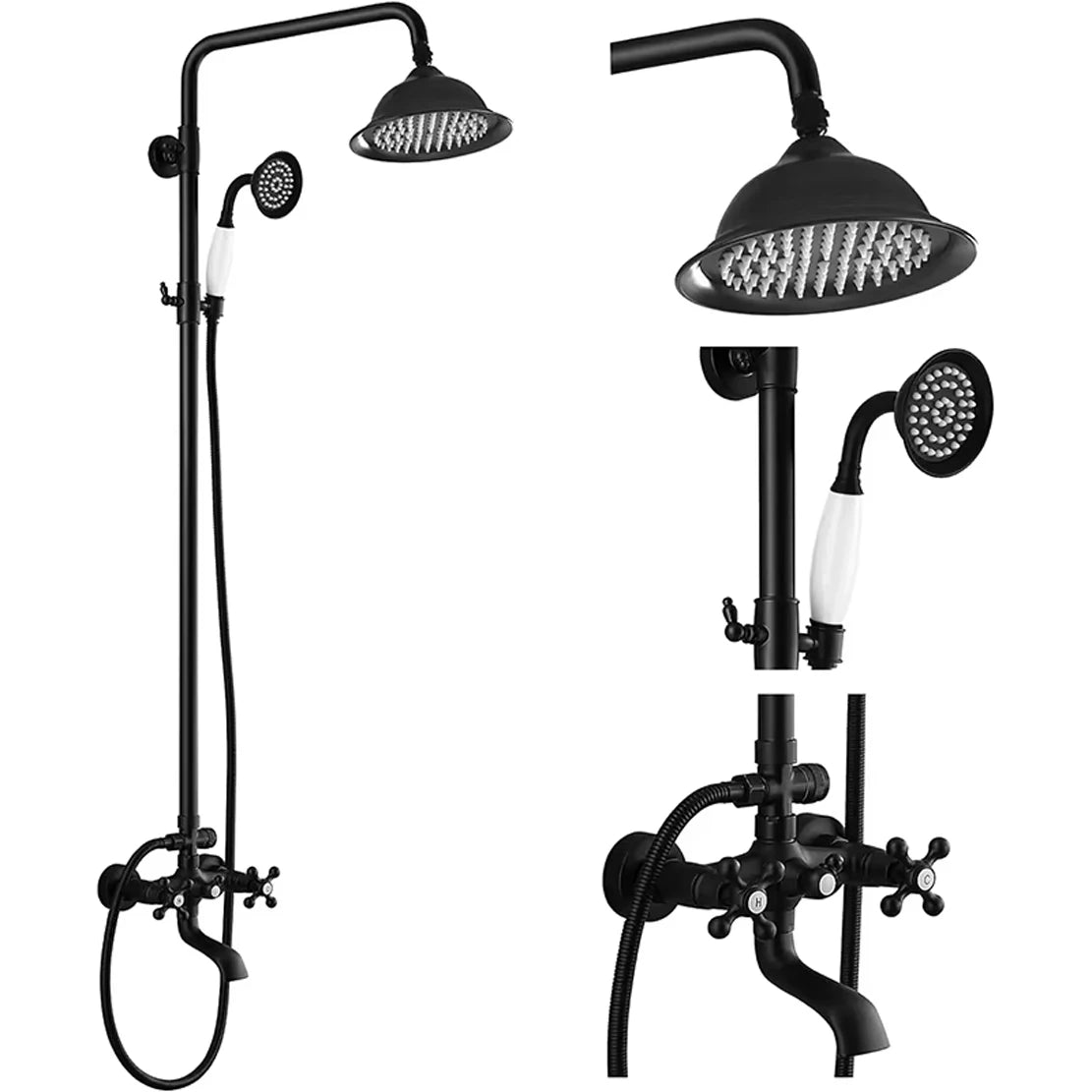 Antique Brass Shower Faucet Set Rainfall Head Shower with Handshower Wall Mount Dual Handle Mixer Bathroom Shower System