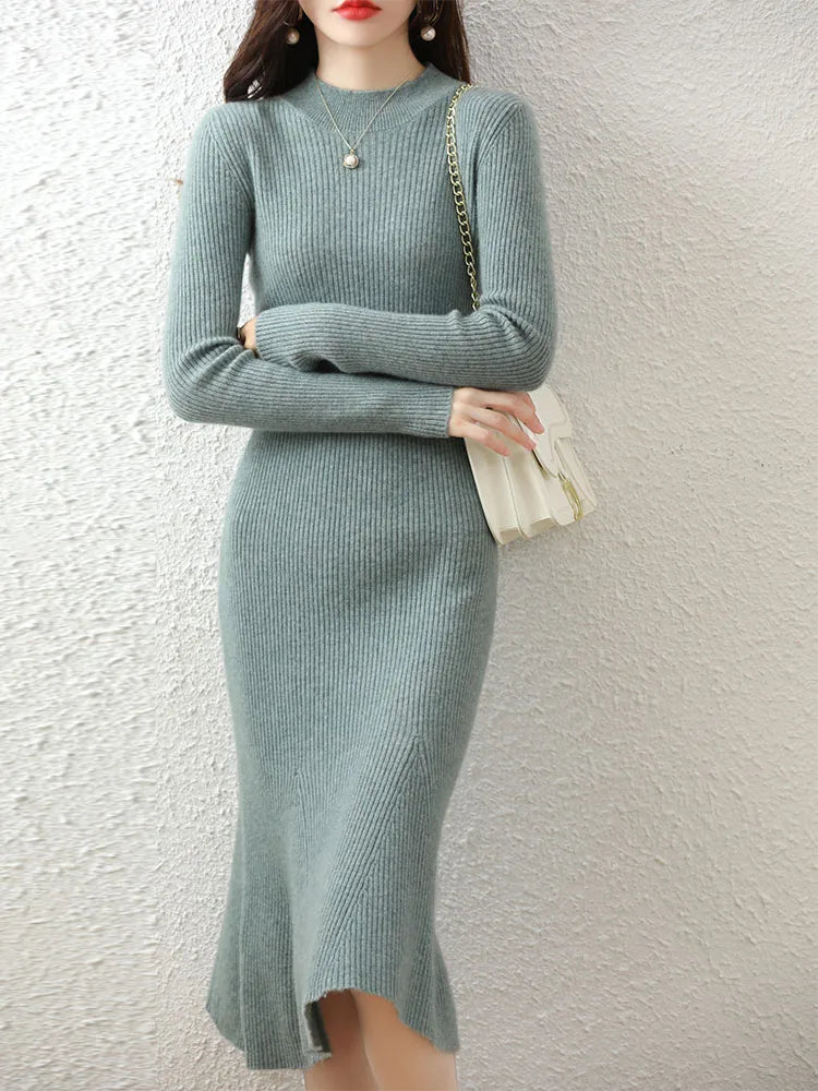 Cashmere Sweater Women's Knitted Dresses 100% Merino Wool O-Neck Elegant Party Dress Autumn Winter Female Pullover Casual Skirts