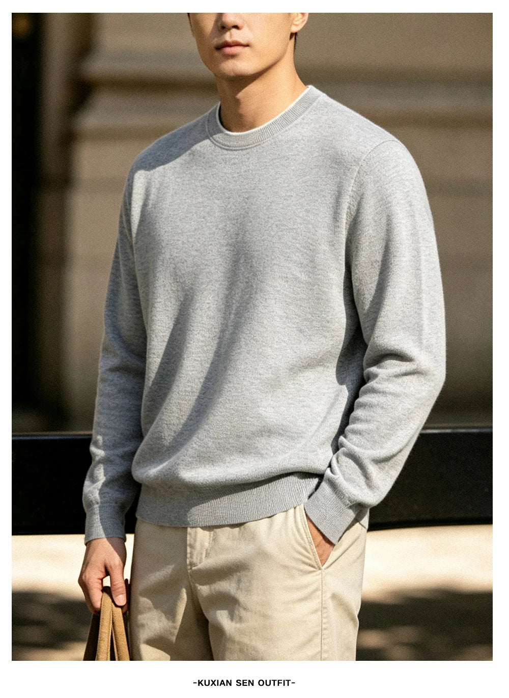 Men's Light Grey round Neck Knitted Sweater Long Sleeve Basic Style Commute Knitted Base Shirt Casual Comfortable Lenzing Fabric