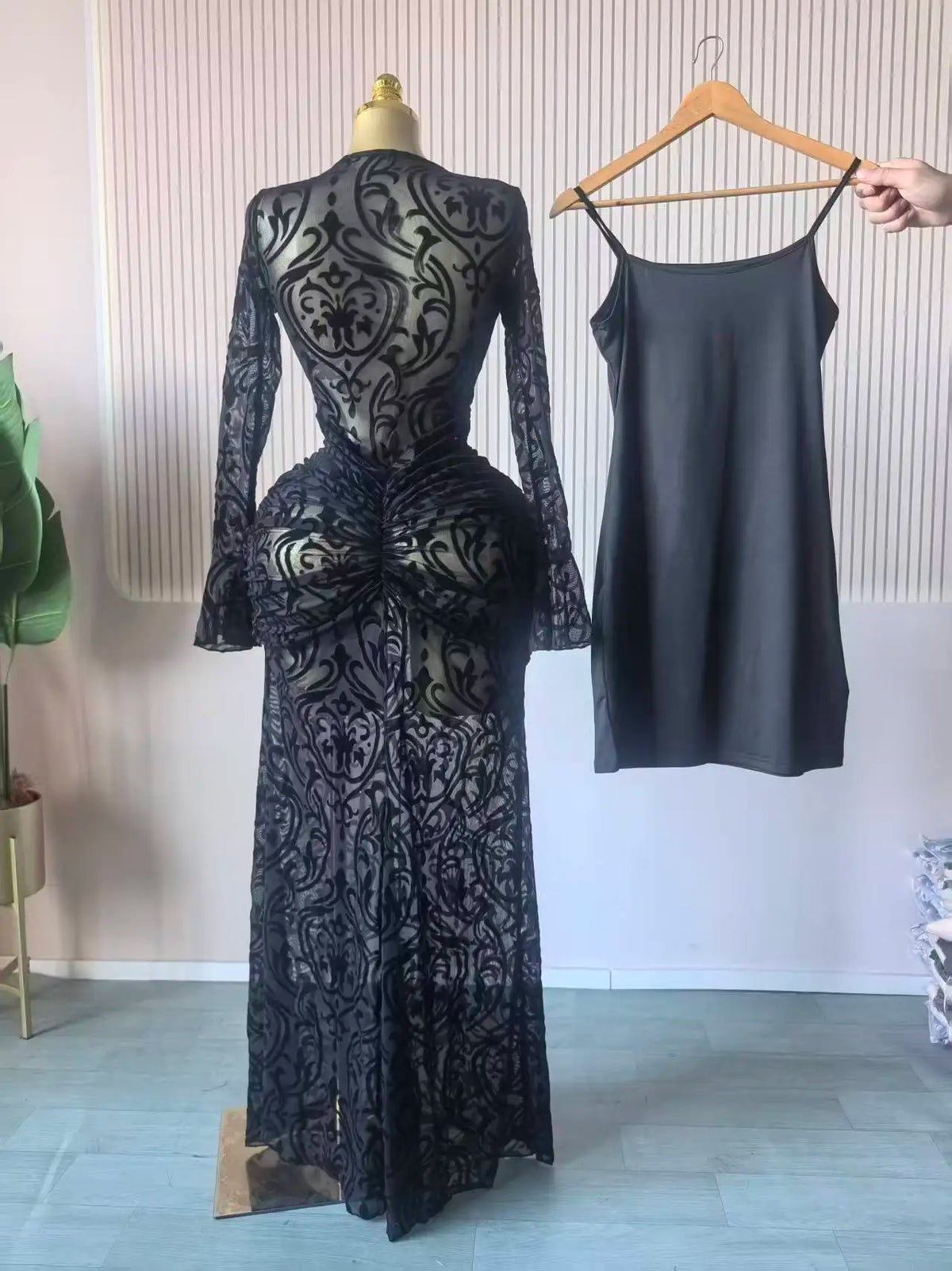 CM.YAYA Women Long Sleeve Ruched Mesh See Though with Lining Bodycon Long Dress 2025 Fall Evening Birthday Sexy Party Dresses
