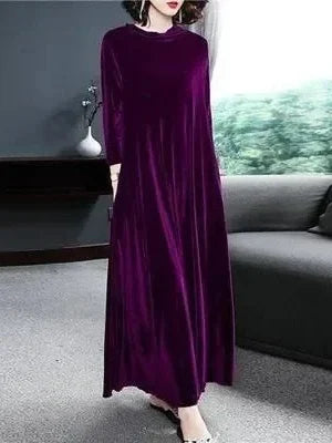Elegant Velvet Long Dress for Middle-Aged And Elderly Women Autumn New Style Korean Version Loose Fit Long Sleeve Dress