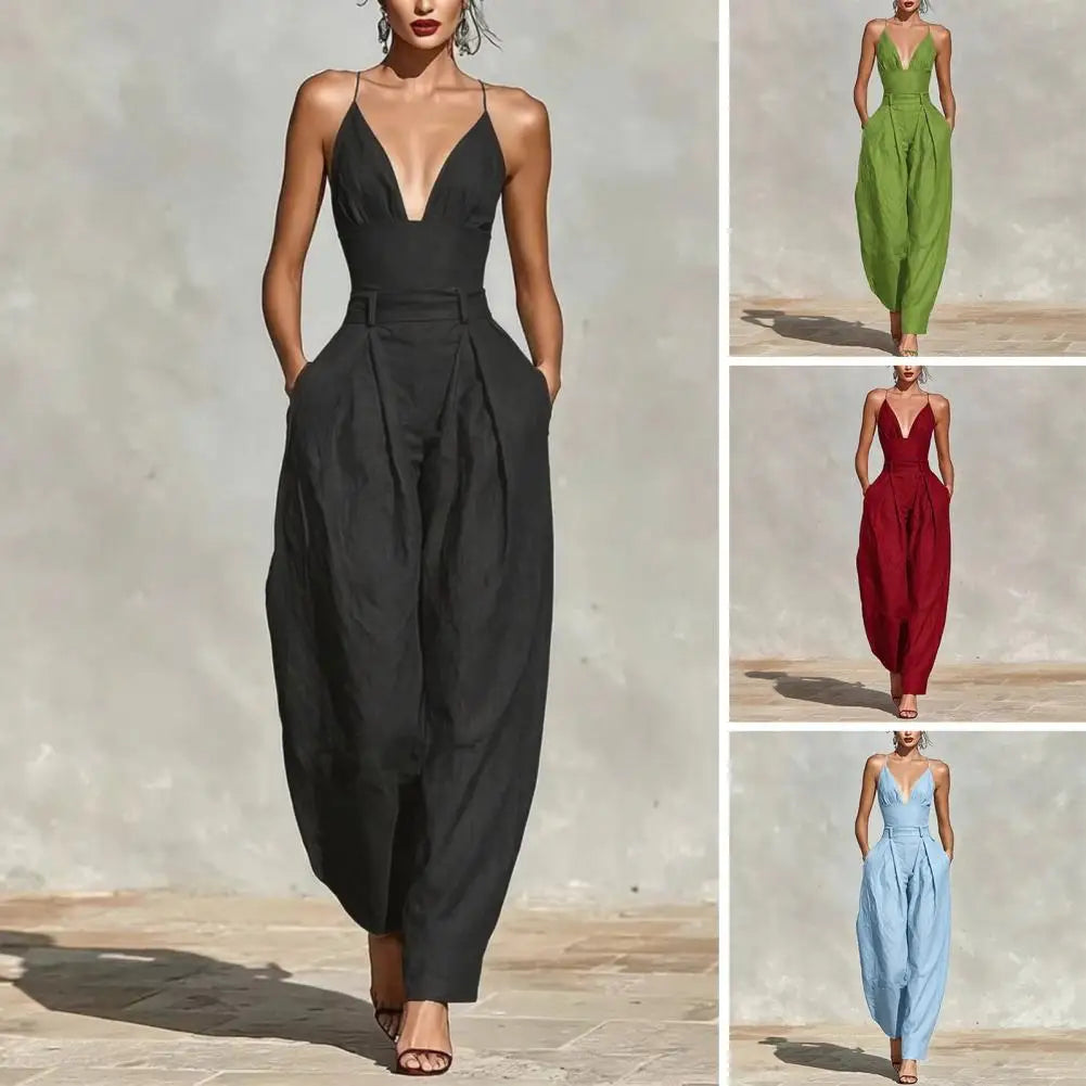 Elegant Sexy V-Neck Spaghetti Strap Jumpsuit Women High Waist Wide Leg Casual Romper Spring Boho Solid Backless Pockets Overalls