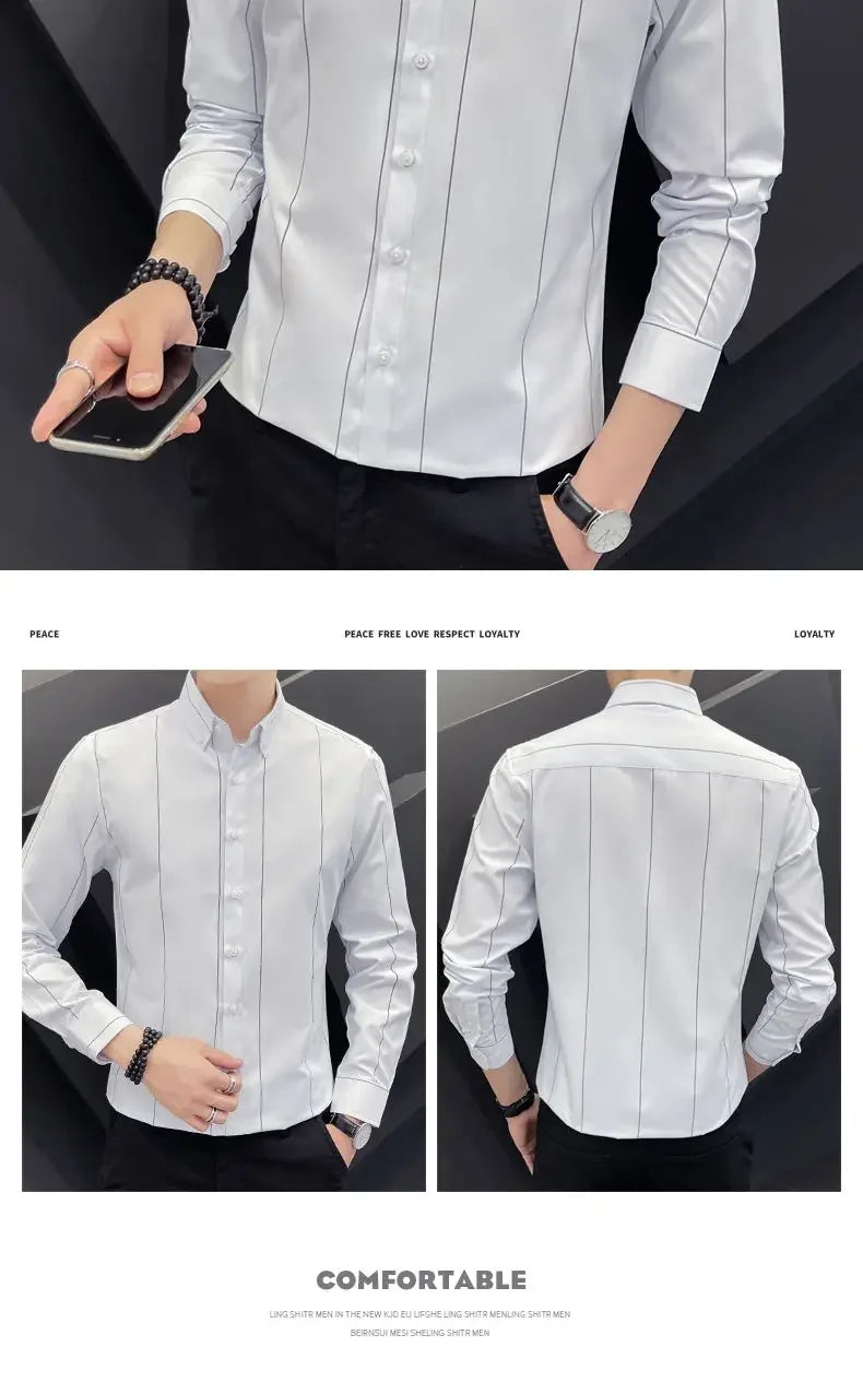 Stylish Men's Striped Shirt Printed Casual Business Dress Shirts Long Sleeve All-Match Slim Fit Fashion Korean Streetwear Shirts