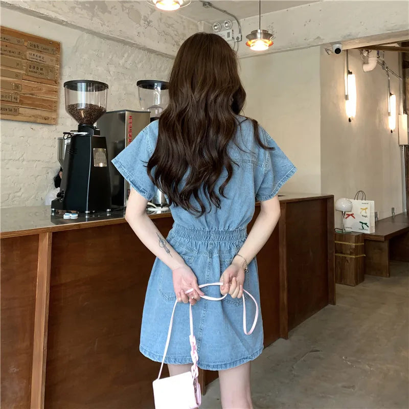 Women Vintage Denim Shirt Dress High Waist A-line Jean Mini Dress for Ladies Retro Y2K Streetwear Dresses for Women Party Outfit