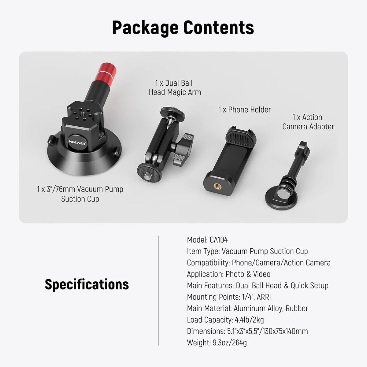 NEEWER 3" Suction Cup Camera Mount Bracket with Ball Head Magic Arm Quick Release Car Mount For iPhone DJI Insta360 CA104