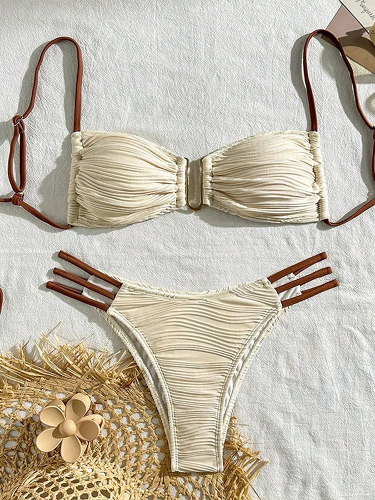 Vzvn Sexy Solid Beach Vacation Bikinis Set Women Split Swimsuit Bikini 2026 New All Season Backless Bandage Bikinis 2 Piece Set