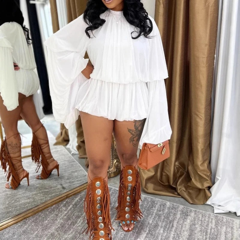 Two Piece Sets Women Shorts Lantern Sleeve Matching Sets Shirts Shorts Ruffles Pleated Suits Elegant Summer Y2k Streetwear Work