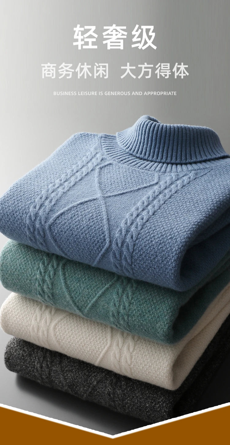 2025 Winter Turtleneck 100% Merino Wool Knitted Sweater Men's Lapel Jacquard Thicken Pullovers Fashion Loose High-End Base Shirt