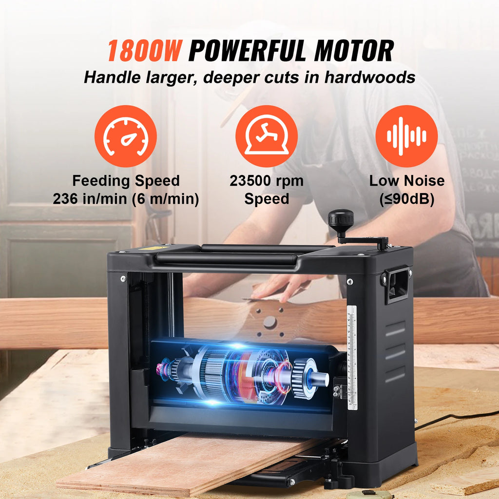 SucceBuy Thickness Planer 13inch Benchtop Planer with Two-Blade 15Amp 1800W Powerful Motor Low Noise for DIY Woodworking Planing