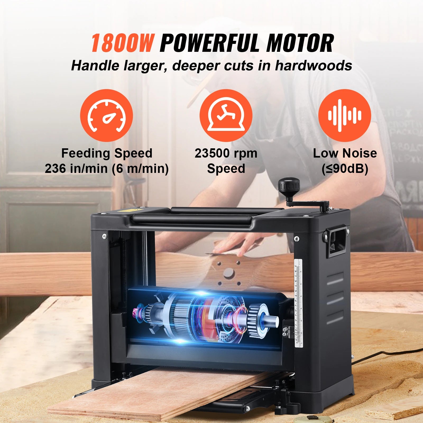 SucceBuy Thickness Planer 13inch Benchtop Planer with Two-Blade 15Amp 1800W Powerful Motor Low Noise for DIY Woodworking Planing
