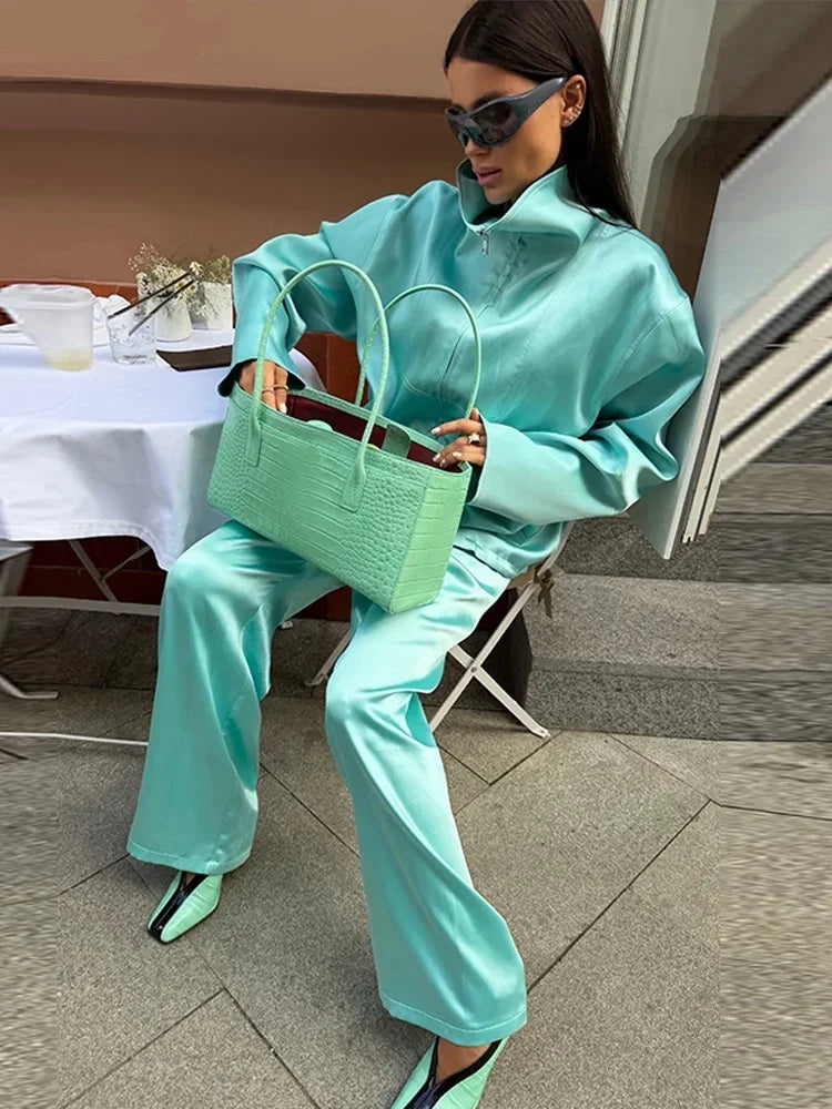 Women Satin Stand Collar Loose Jacket 2 Piece Set Long Sleeve Zip Coat Elastic Waist Pants Matching Co Ord 2026 Casual Outfits