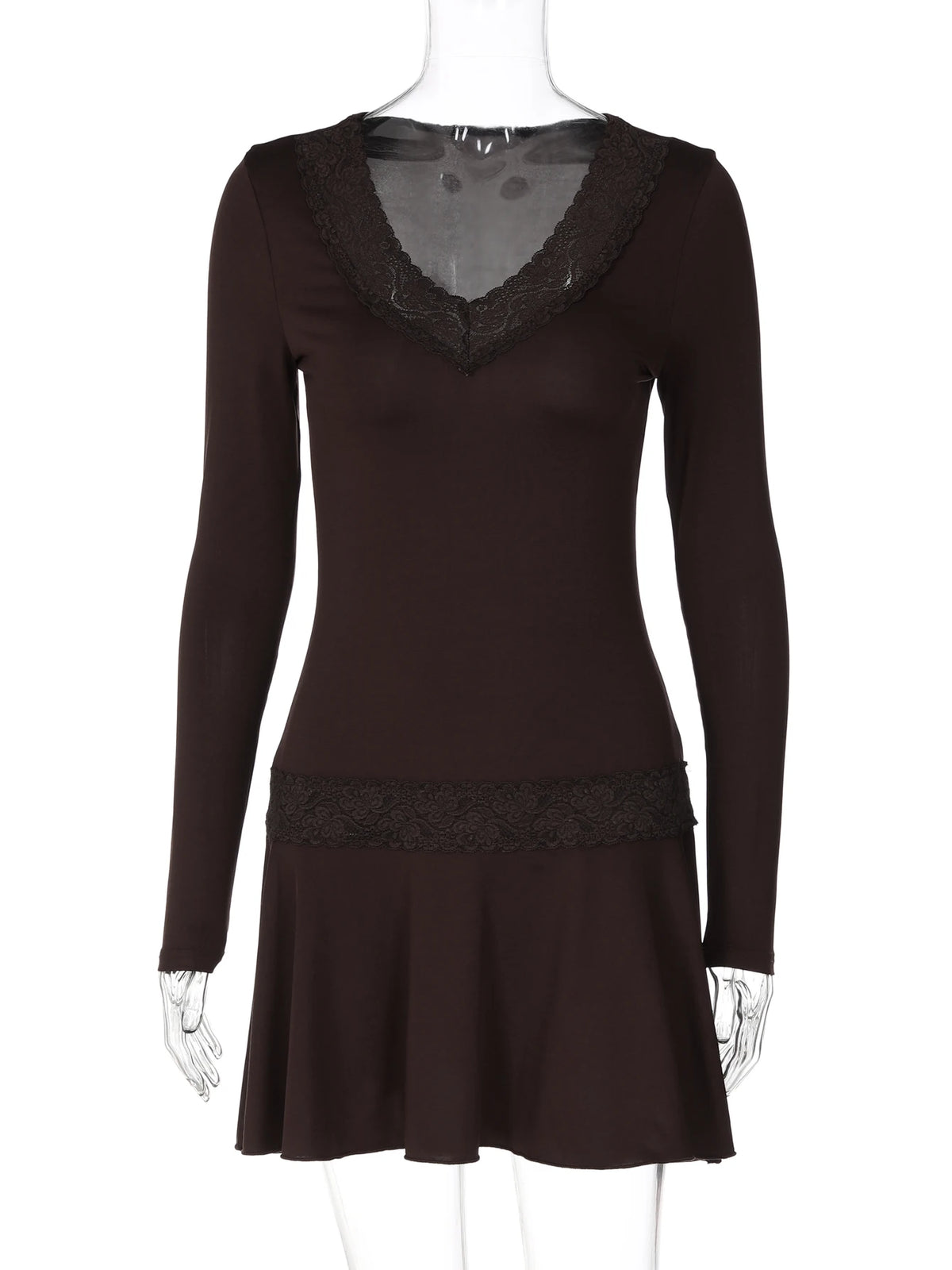 Dulzura V-Neck Long Sleeve Slim Fit Lace Patchwork Mini Dress Women'S Solid Sexy Elegant Dress Party Office Street Autumn Outfit