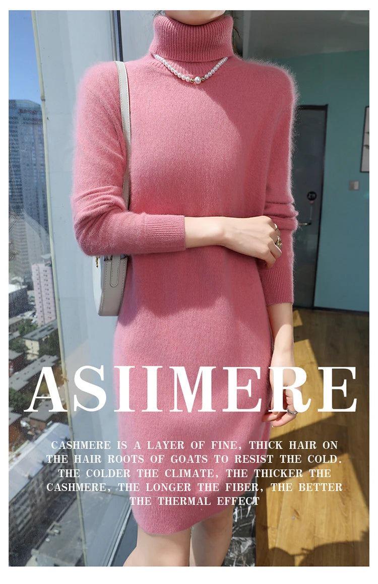 New Hot Selling 100% Mink Cashmere Knitted Women's High Neck Pullover Dress Sweater Slim Fit Solid Color Long Women's Dress