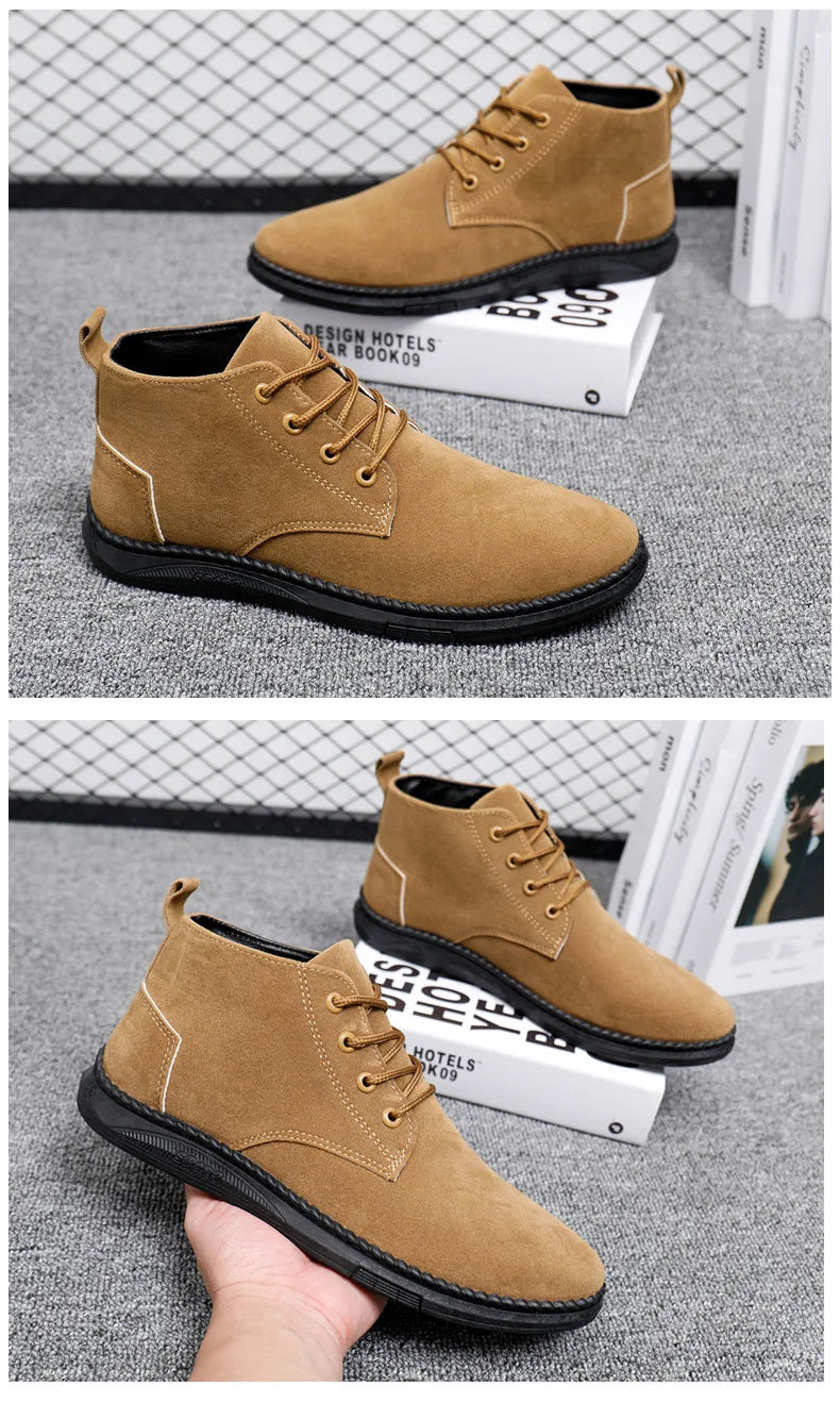High Top Casual Grey Suede Shoes Men's Lace Up Black Flat Bottom Short Boots Men's Chelsea Boots High-quality Brand Denim Boots