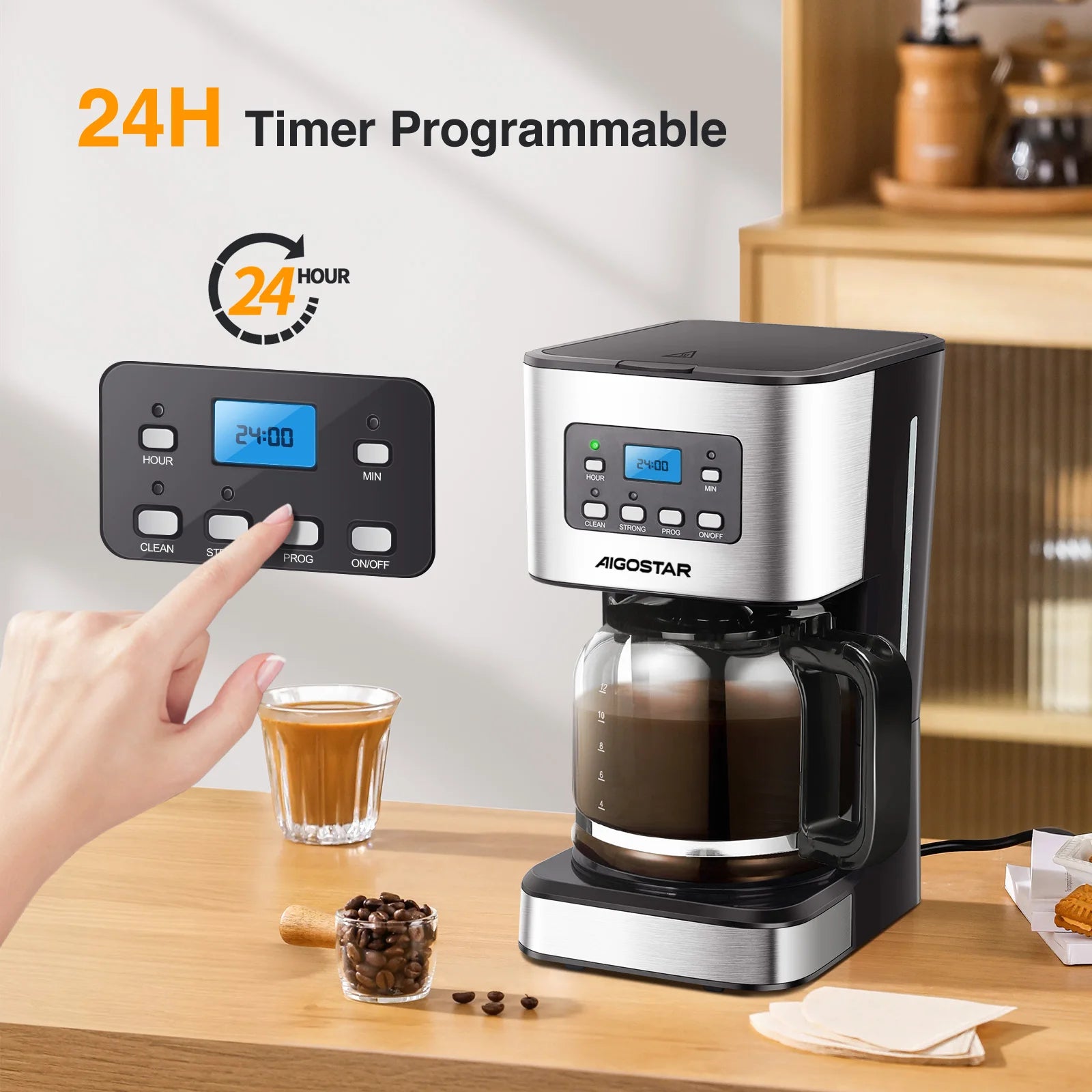 Electric Drip Coffee Maker, with Reusable Filter, Lcd Screen, 24-Hour Programmable, Self-Cleaning, 12-Cup Capacity, 950W
