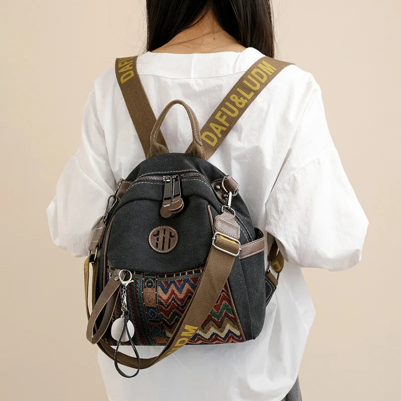 Denim ethnic style embroidered women's double shoulder bag, color-matched large capacity backpack, multi-purpose crossbody bag