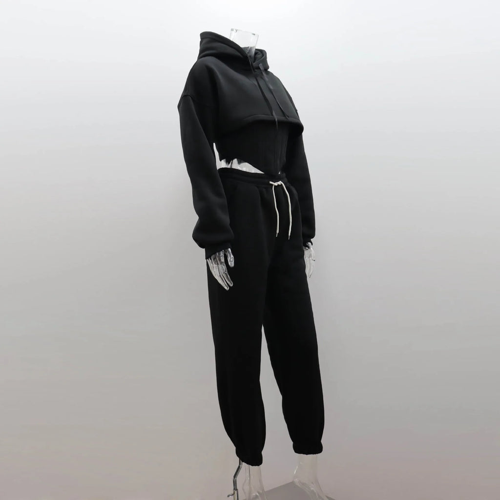 Women's Casual Sweatpants Set Belted Hooded Short Hoodie Corset Three-Piece Autumn Winter Comfortable Polyester Plus Size