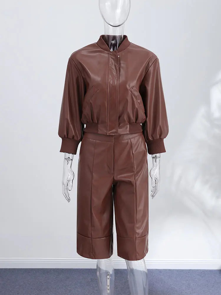 Spring Set Women's Matching Sets Faux Leather Bomber Jacket Two-Piece Set Top Mini Skirt Shorts Pants Woman Clothes Streetwear