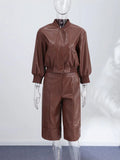 Spring Set Women's Matching Sets Faux Leather Bomber Jacket Two-Piece Set Top Mini Skirt Shorts Pants Woman Clothes Streetwear