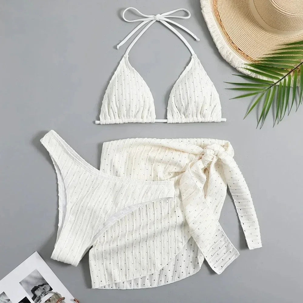 Trendy Women's 3 Piece Halter Bikini Set Sexy Thong Swimsuit Summer Bathing Suit Cover Up Thong Swimwear Biquini Brasileiro