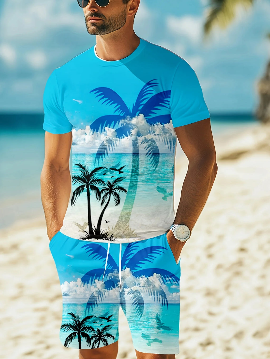 Men's Summer Fashion Casual Loose-Fit Set Plus Size Coconut Grove Print Crew Neck Short Sleeve Drawstring Shorts Two-Piece Set