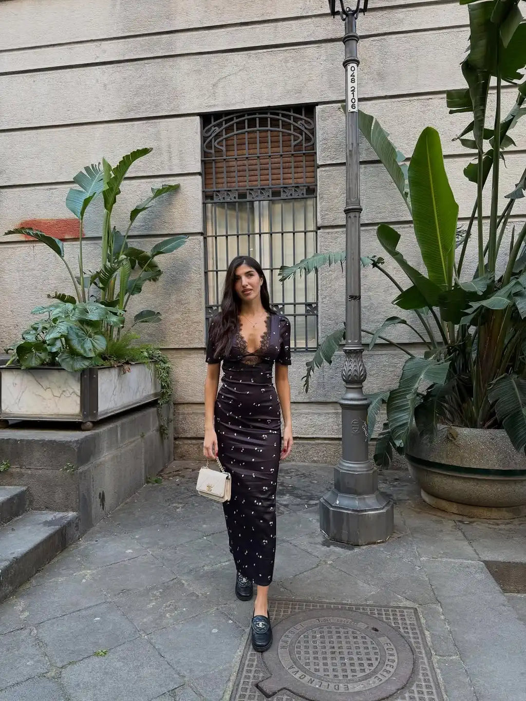 Satin Lace Patchwork Print Dress Women Black V-neck Short Sleeves High Waist Long Dresses Lady Hollow Out Daily Party Vestidos