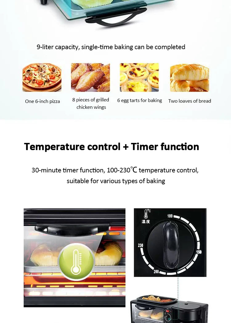 Multifunctional 110V/220V 3 In 1 Breakfast Machine Mini Toaster Oven with Timer