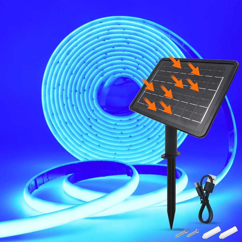 Solar Neon Light Strip 24V COB Waterproof IP68 Flexible LED Tape Red Green Blue Warm White 320LED/m High Density Linear Lighting