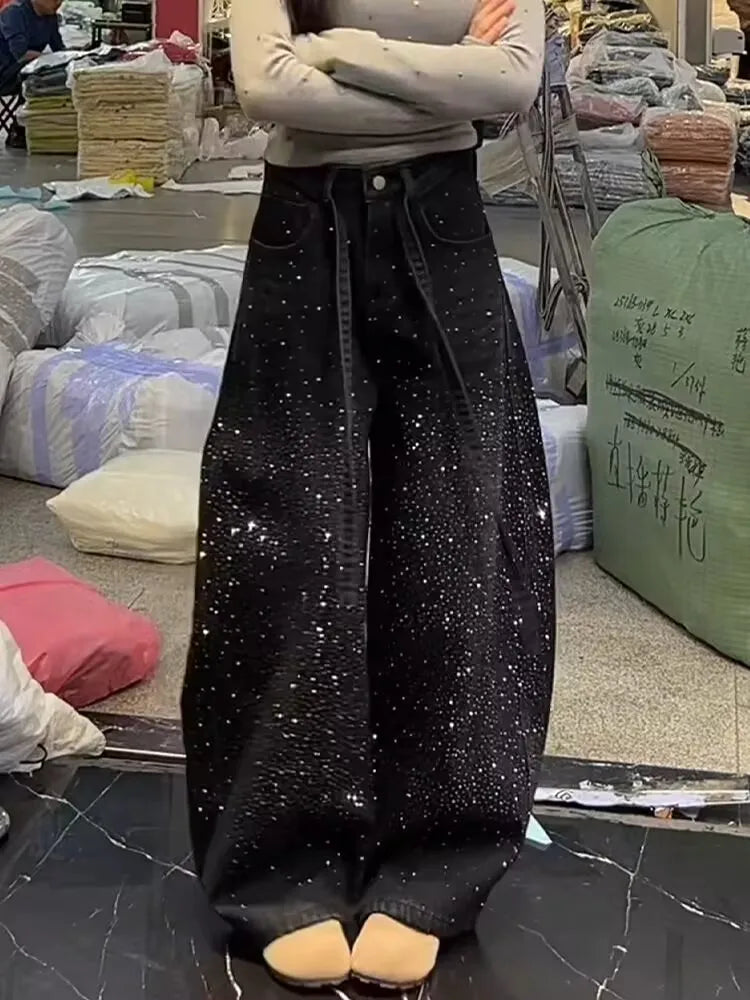 Korean Loose Women Denim Pants 2026 New Autumn Winter Retro Hot Diamond Long Cowboy Trousers Ladies Casual Streetwear Jeans