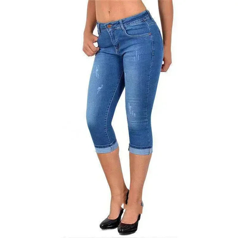 Women Simple Style Slim Pencil Jeans Scratches Decoration Seven-quarter Length Pants Daily Casual Commuter Female Denim Trousers
