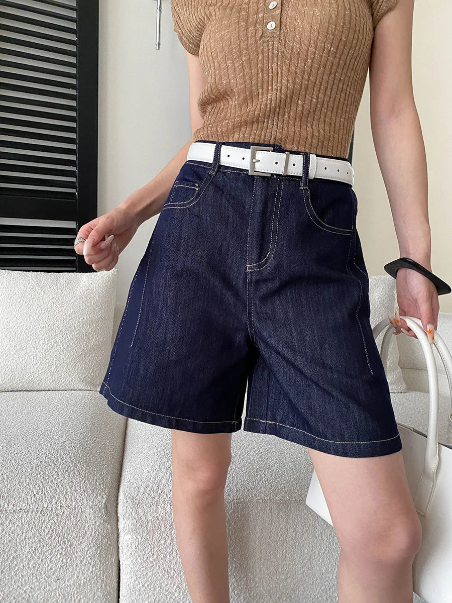 Summer women's casual solid color bright stitching wide leg denim shorts