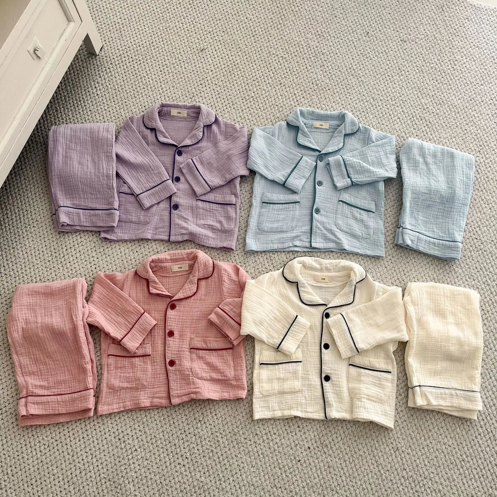 2026 New Children's Cotton Pajamas Set Soft Loose Boys Girls Clothing Turn-down Collar Button Shirt Trousers 2 Pcs Suit Pijamas
