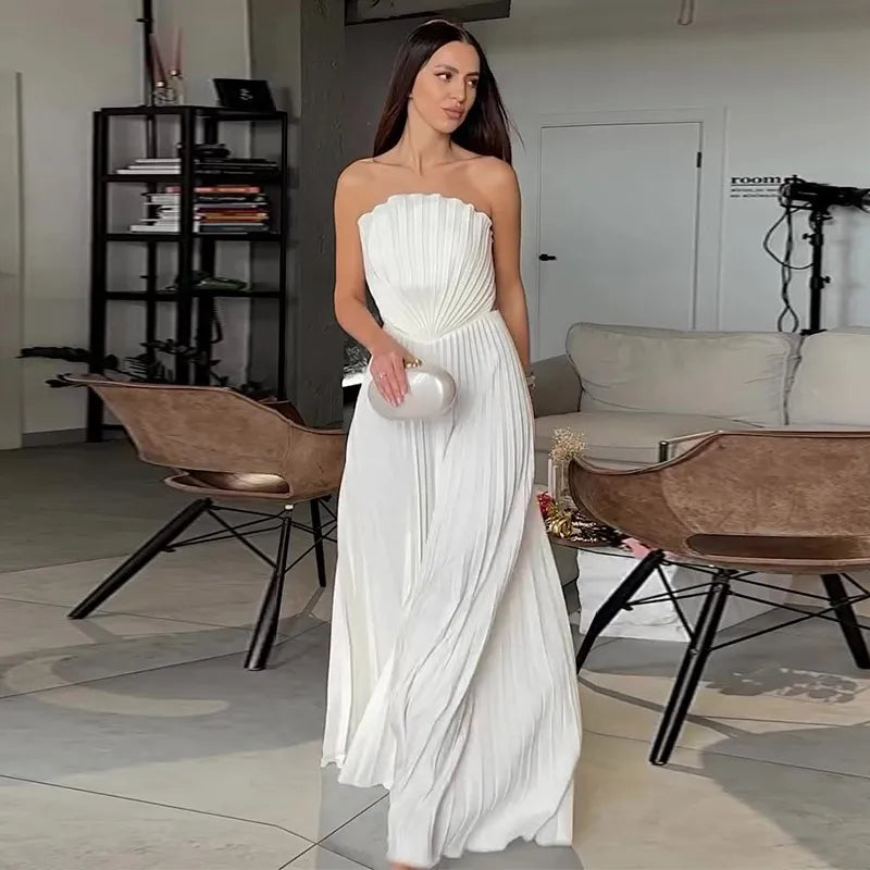 Elegant Solid Pleated Off Shoulder Long Dresses for Women Chic Sleeveless Backless Female Maxi Dress Summer New Beach Party Robe