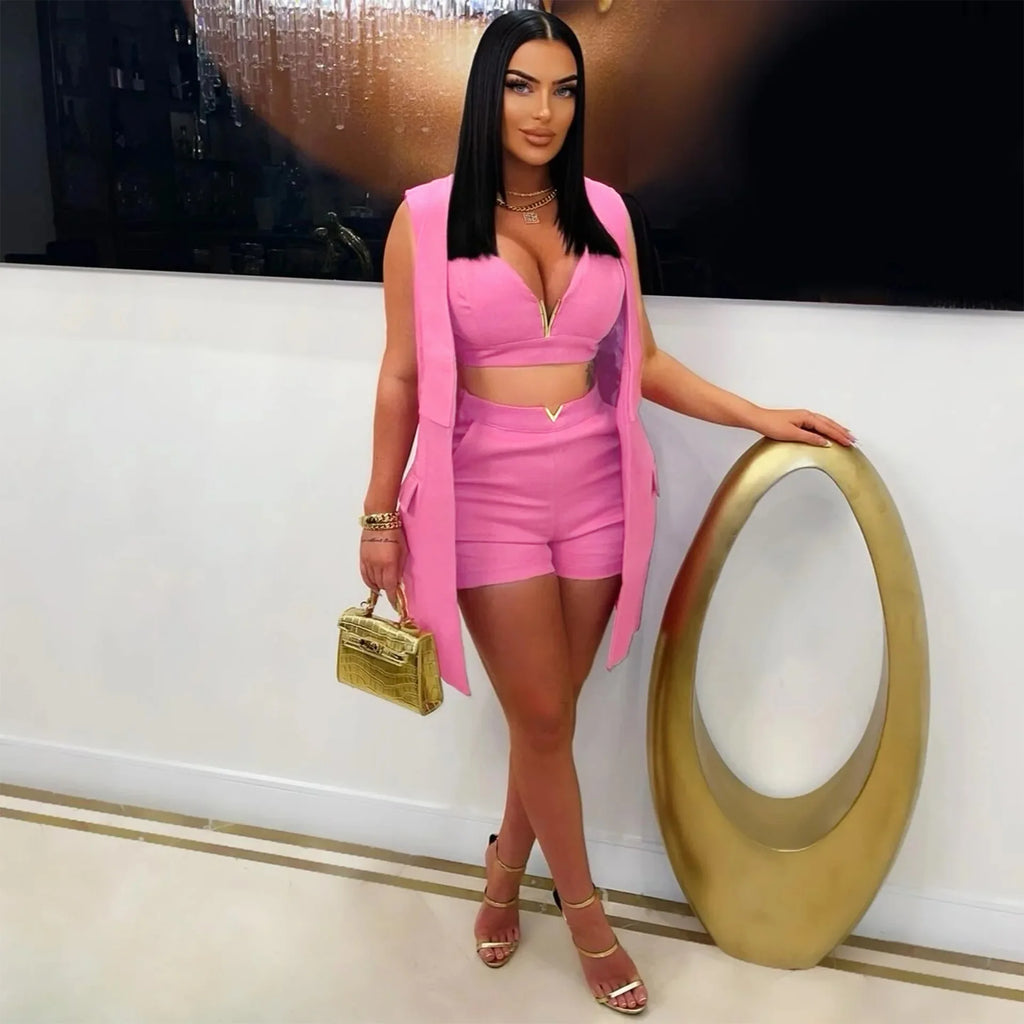 3 Pieces Set Sexy 2025 Summer Spring Fashion Women Set Female Tops Solid Sleeveless Blazers Tops And Shorts Suit Matching Outfit