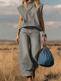 Fashion Denim Two Piece Set for Women Casual Solid Color Loose Simple Sleeveless Top Wide-leg Trousers Holiday Matching Set