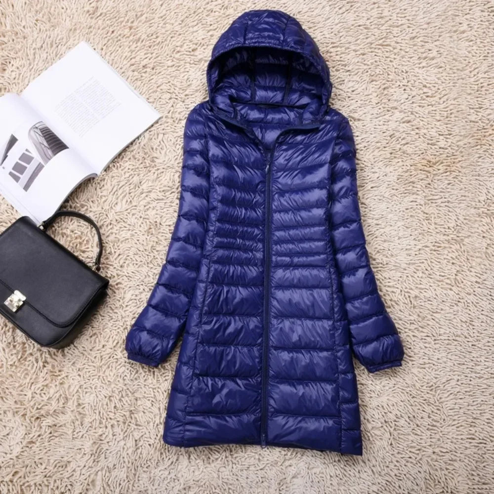 Plus Size White Duck Down Jacket Light-weight Down Jacket Women Inner Cloth Coat Ladies Long Winter Hat Hooded Femal