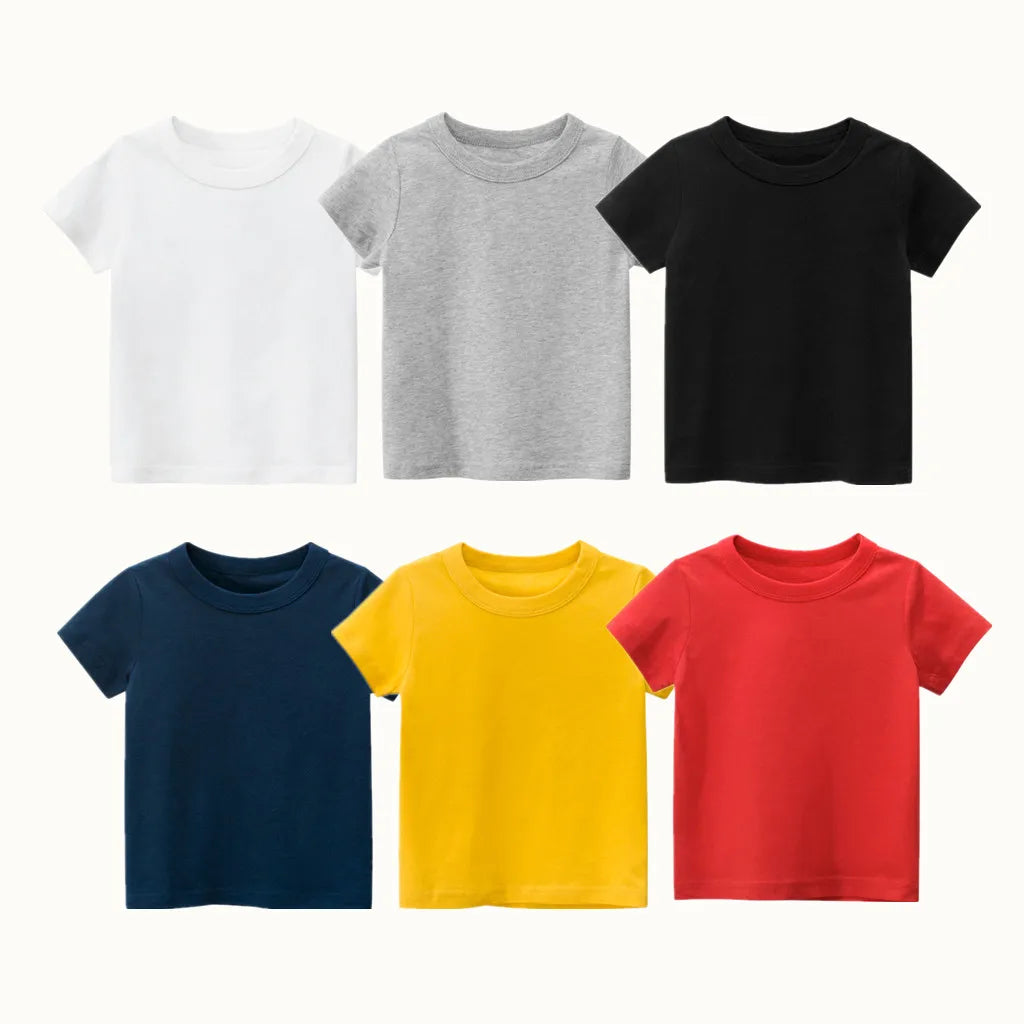 2026 Summer Girls Boys Solid T-Shirts Clothes 100% Pure Cotton Short Sleeve Yellow Red Green Kids UnderShirt Bottomming Clothing