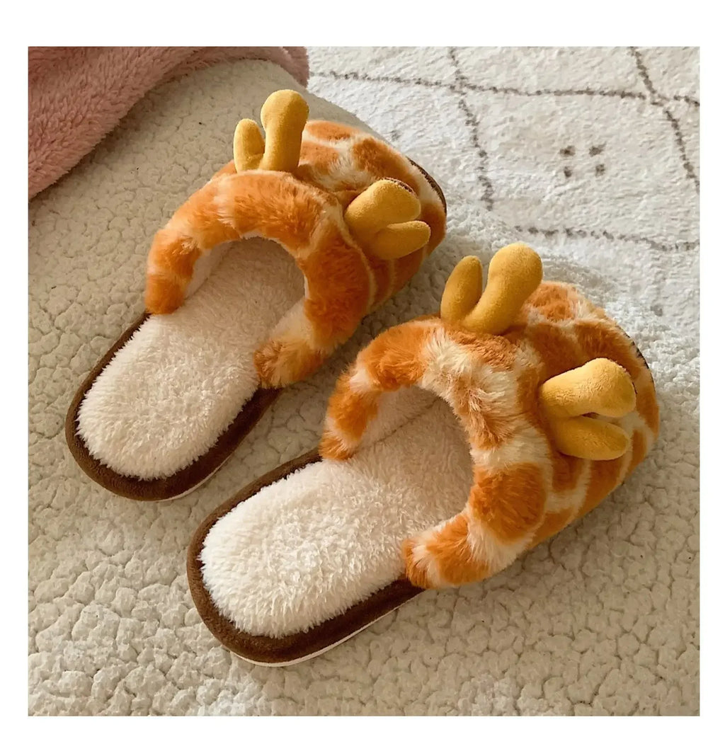 Shoes for Women Winter New Indoor Warm Cotton Shoes for Students At Home Cartoon Giraffe Plush One-word Slippers Chinelos Planos