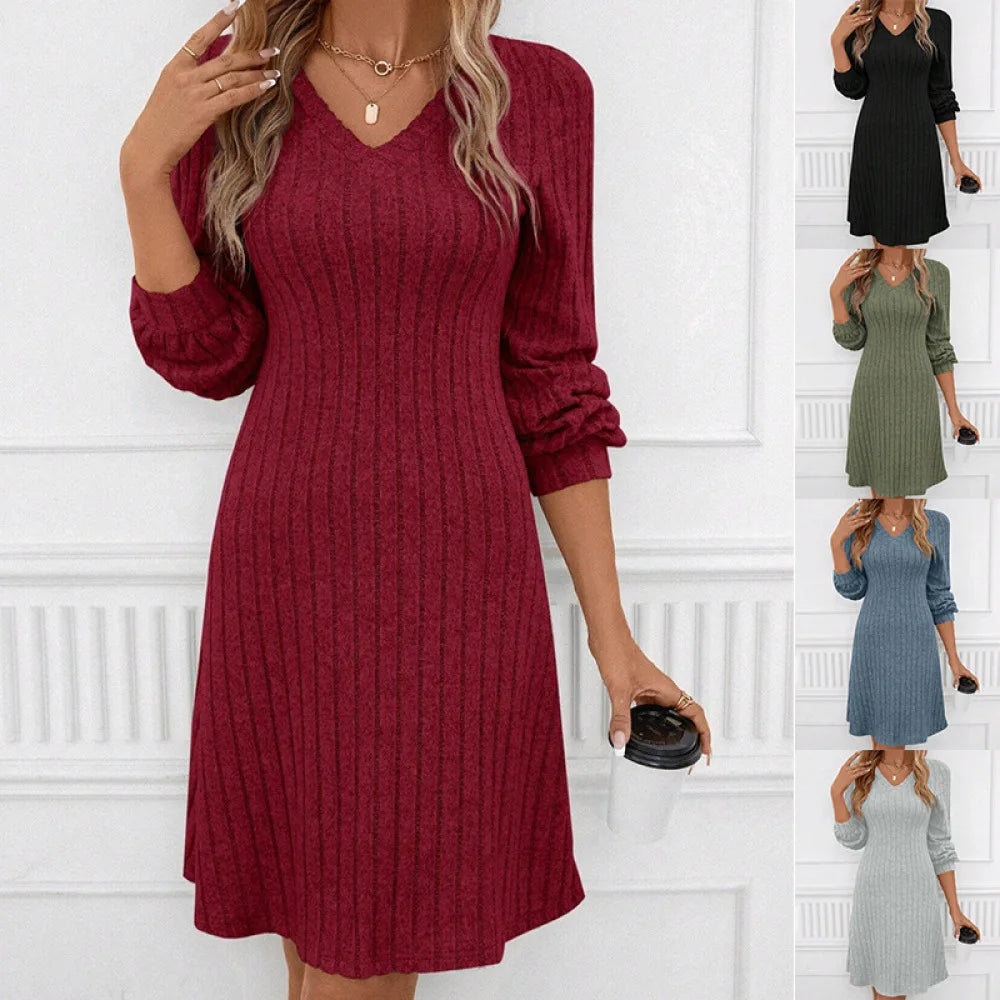 Womens V Neck Brushed Ribbed Knit Dress Long Sleeve Slim Fit Autumn Winter Casual Pullover Solid Color Streetstyle