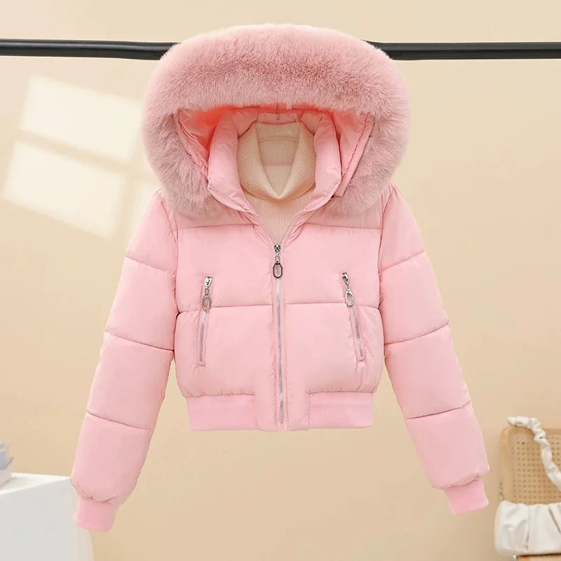 Women Winter Cotton Coat Short Fur Collar Hooded Outerwear Windproof Warm Long Sleeve Jacket Solid Color Slim Fit Lady Down Coat