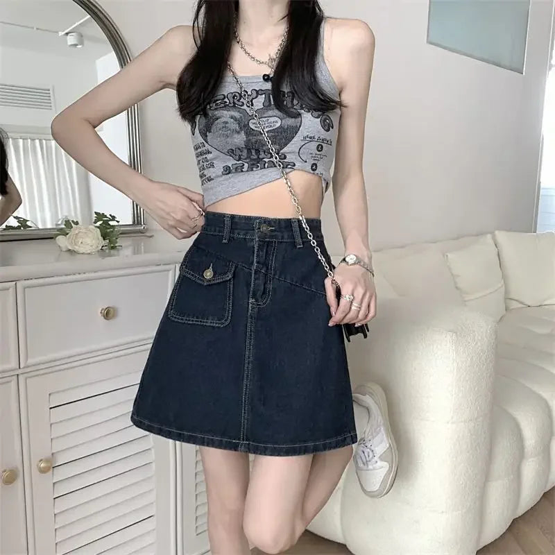 Women's Denim Skirt Retro Blue High Waist Female Jeans Skirts Streetwear Premium Modest Korean Fashion Stylish A Line Vintage