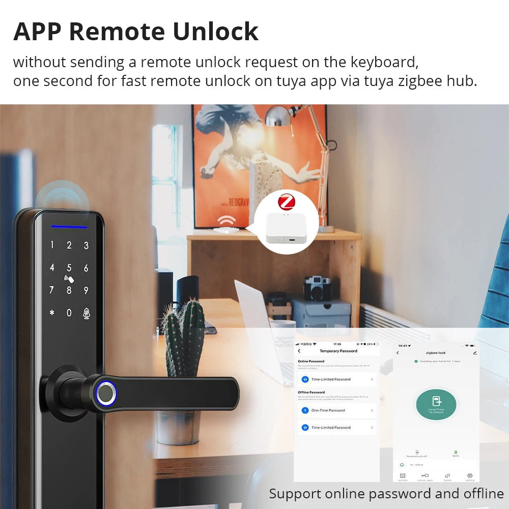 Zemismart Zigbee Fingerprint Door Lock Work with Tuya IC Card Key Password App Unlock with Doorbell Security Mechanical Lock