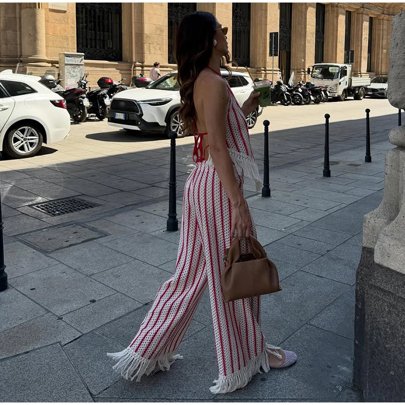 Halter Vertical Striped Fringe Two Piece Set Sleeveless Tank Top Loose Wide Leg Pants Women 2026 Summer Holiday Beach Chic Suit