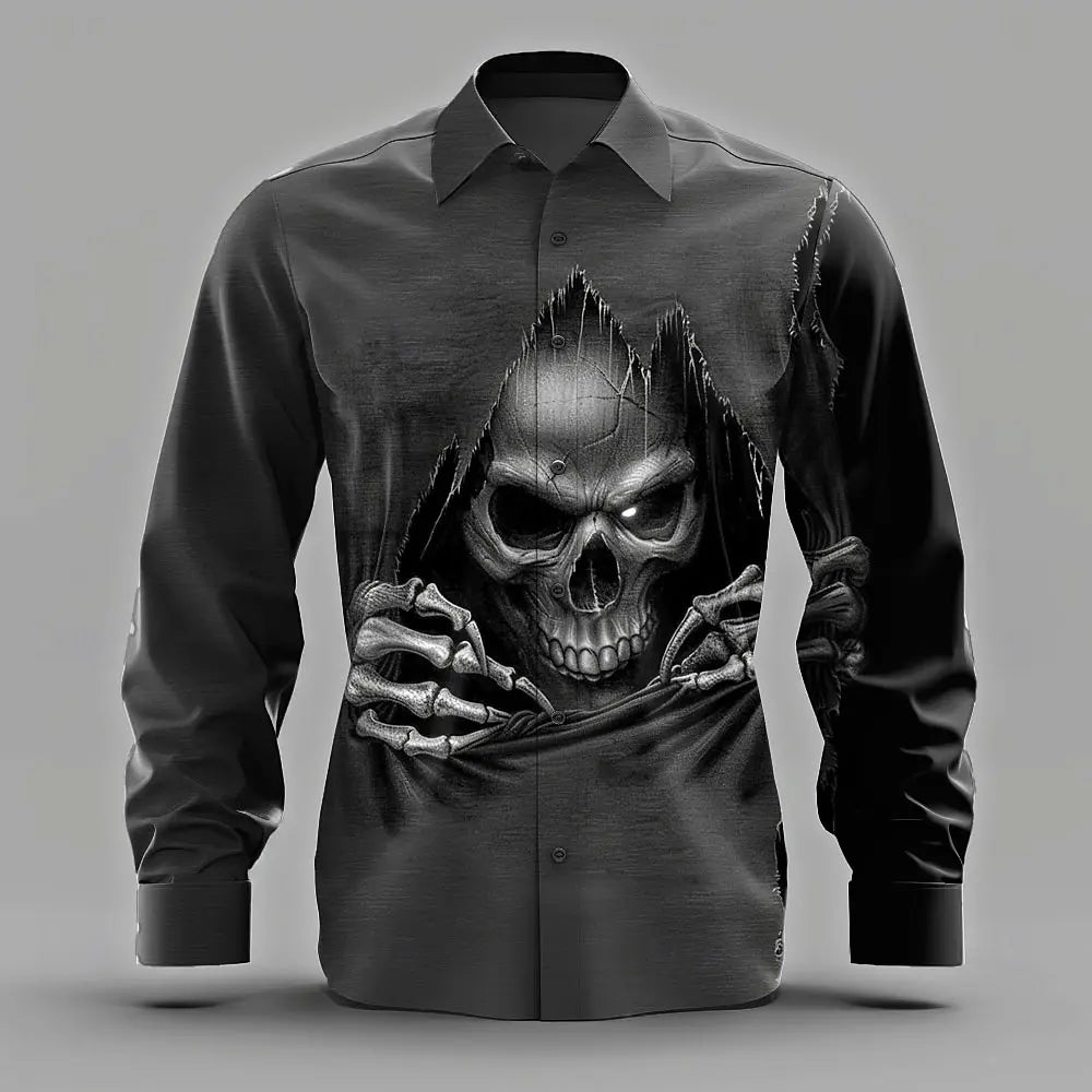 Men's Skull Death Ripped Shirt Button Up Shirt Long Sleeve Dark Punk Gothic Style Streetwear Turndown 3D Print Collared Shirts