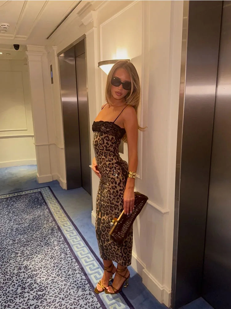 Ahagaga Sexy Women's Maxi Dress Camisole  Spring Summer  Square Neckline With Lace Trim Leopard Print Sequin Fabric Bodycon Slim
