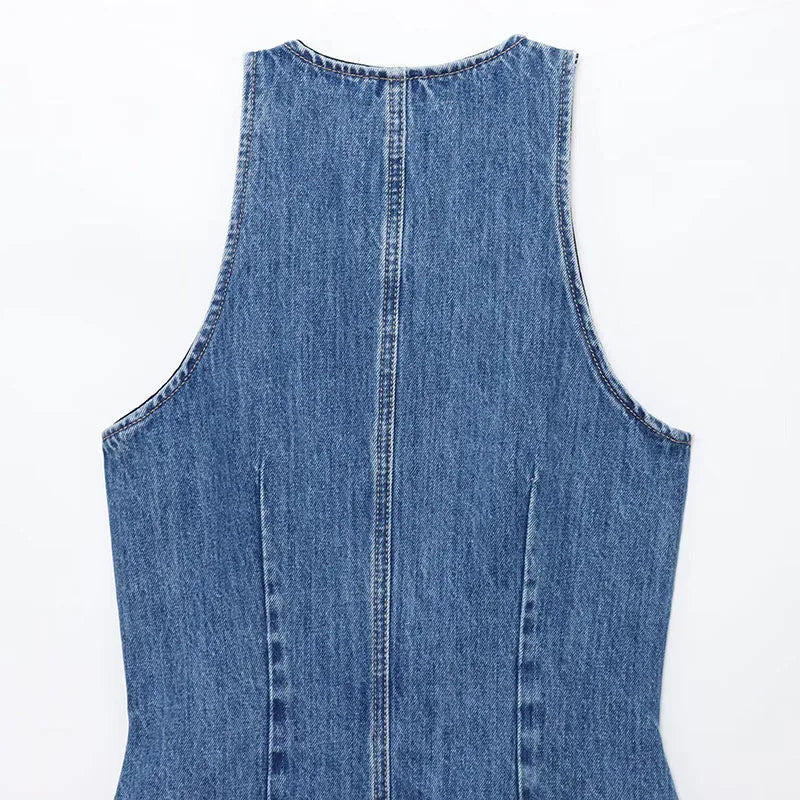 Women Denim Short Dress Round Neck Sleeveless Vest Style Single Breasted Design Solid Color Simple Daily Casual Versatile Dress