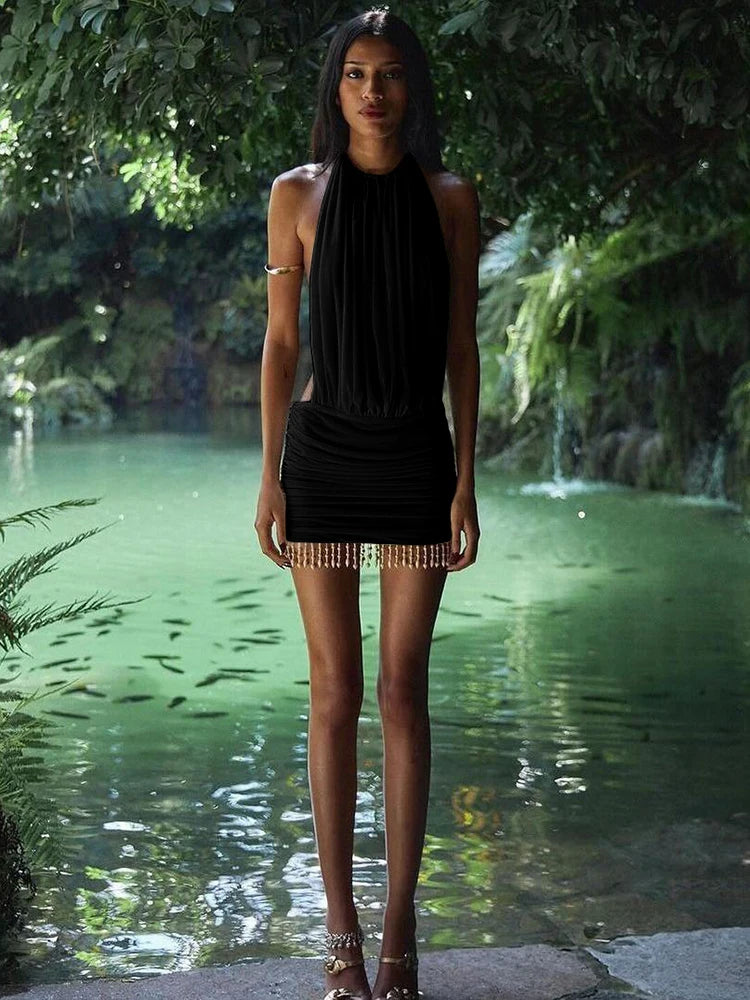 Weird Puss Sexy Mesh Patchwork Mini Dress Women Lace-Up Halter Backless Pearl Tassel Ruched Elegant Midnight Club Party Outfits