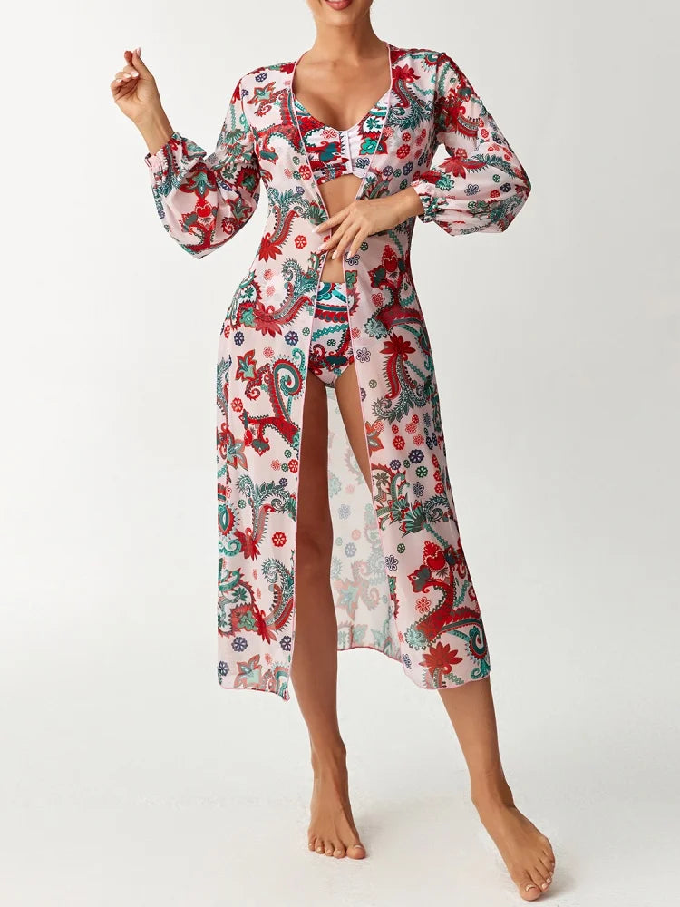 Bikini Women Swimsuit 2026 New Print Sling Bikini Set Sexy High Waist Swimwear Summer Long Sleeve Mesh Beach Bathing Suit Female