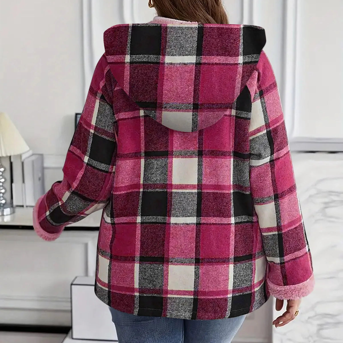 Women's Large Plaid Style Womens Jacket With Hooded Plaid Autumn And Winter Casual Loose Black White Plaid Coat Button Fall Top